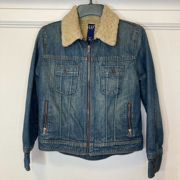 VINTAGE Y2K GAP Size XS Blue Sherpa Fleece Lined Pockets Denim Zip Jean Jacket - Picture 1 of 10